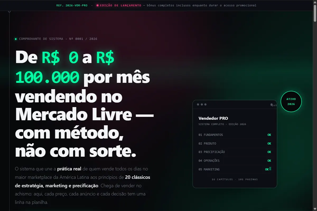 Página de vendas do Vendedor PRO, em estética de terminal