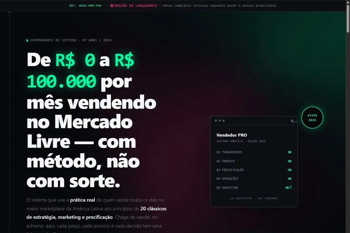 Página de vendas do Vendedor PRO, em estética de terminal